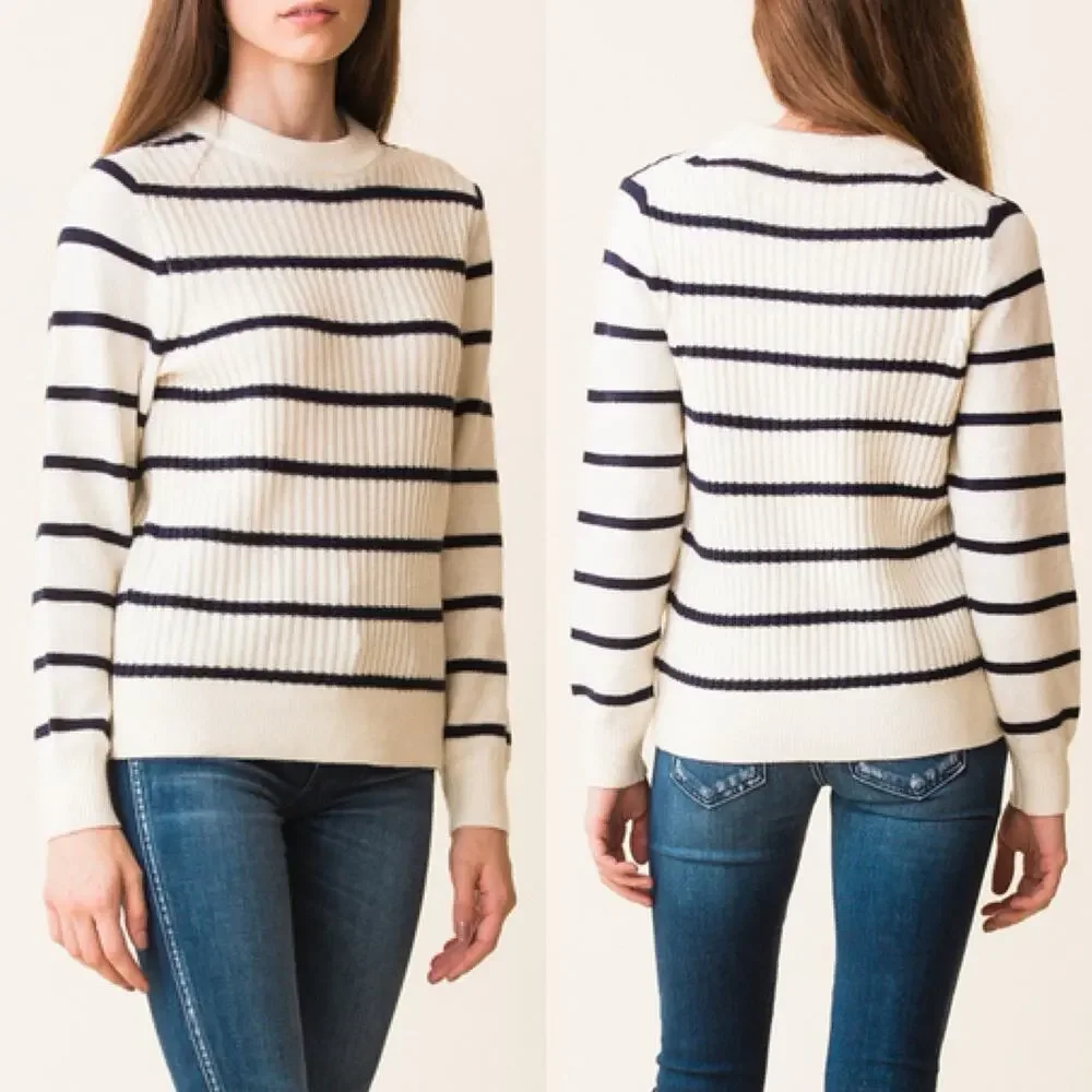 Ganni Cream Black Striped Ribbed Minimal Merino Wool Yak Mercer Sweater Medium